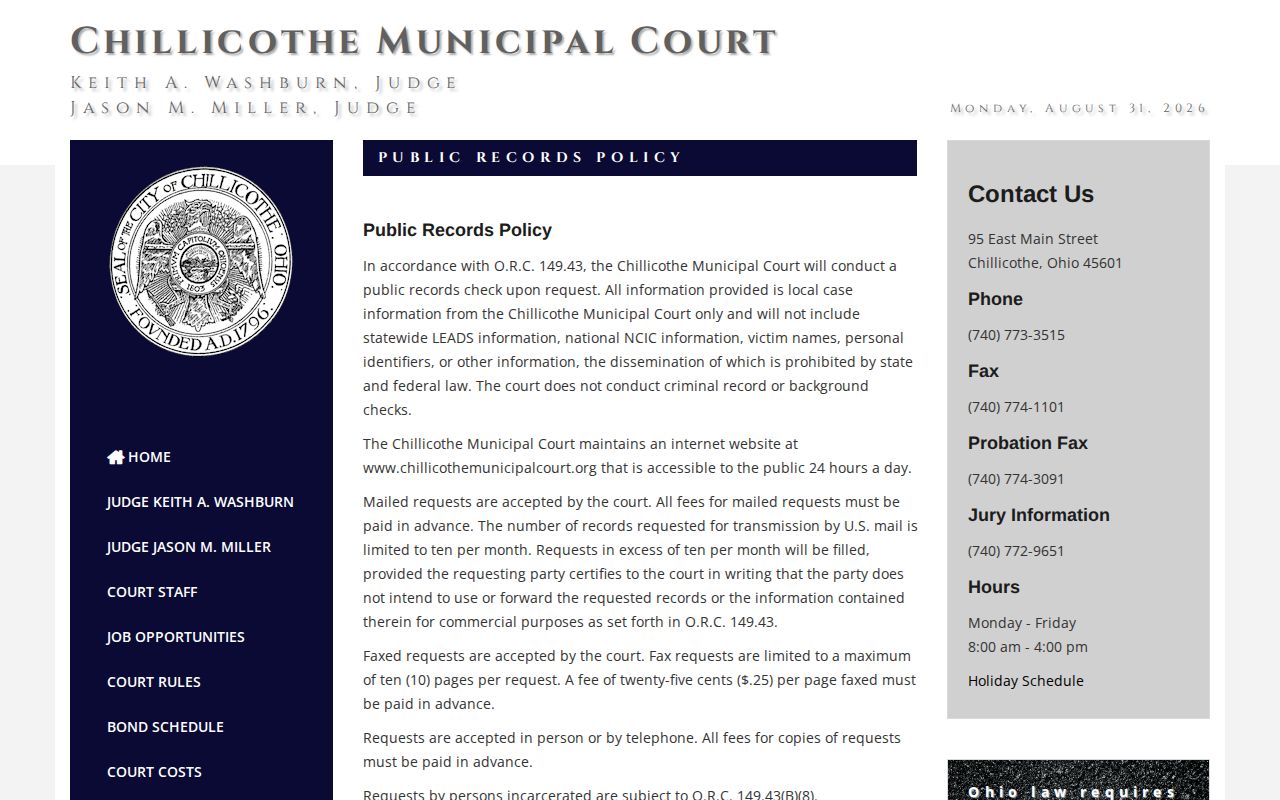 Ross County Chillicothe court record public-records policy