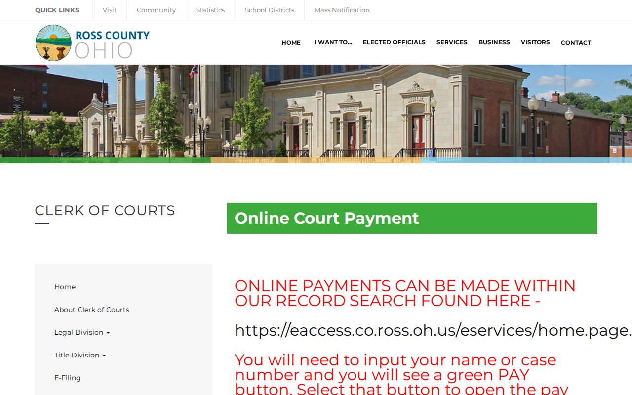 Ross County civil docket source for Clerk payment and eAccess route