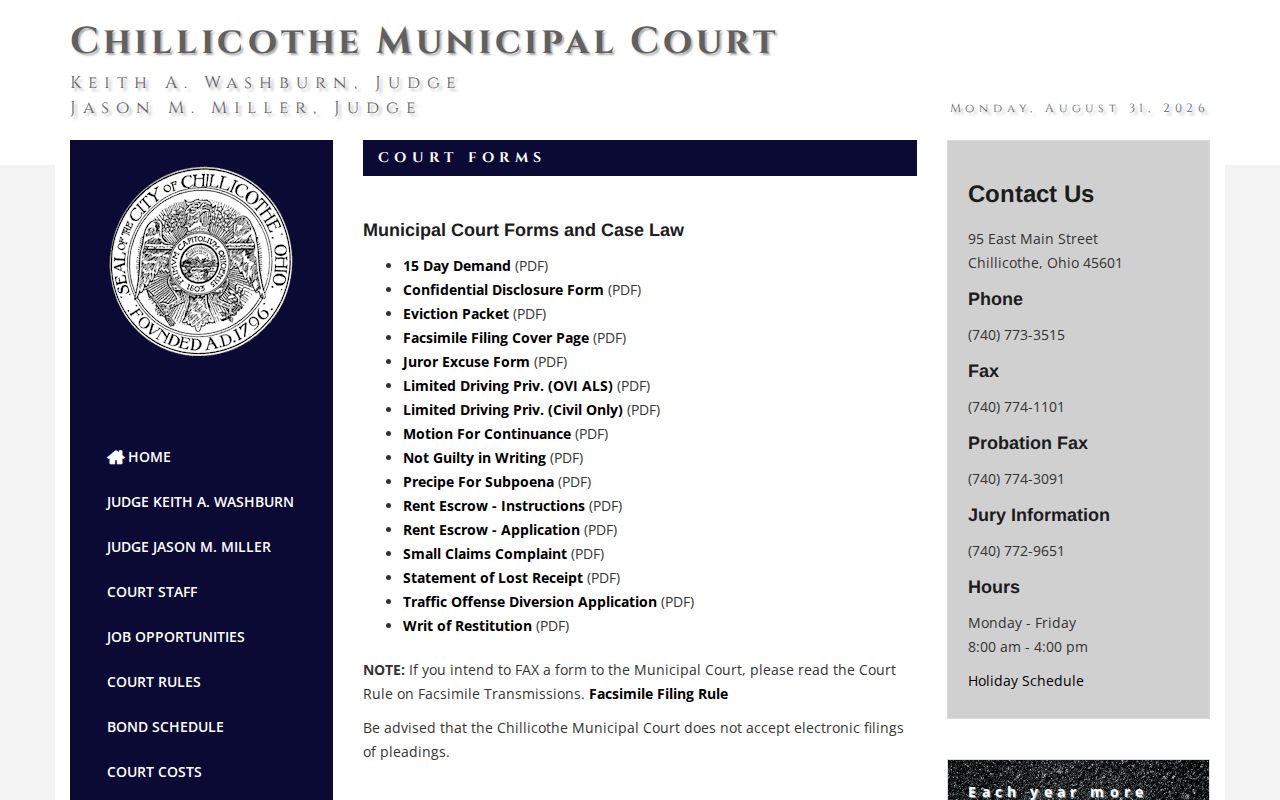 Ross County civil docket source showing Chillicothe Municipal Court forms