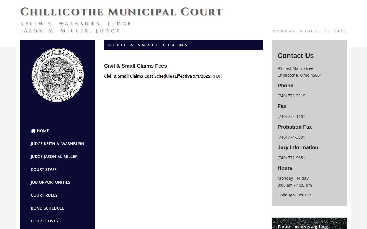 Ross County civil docket source showing Chillicothe civil and small claims fees