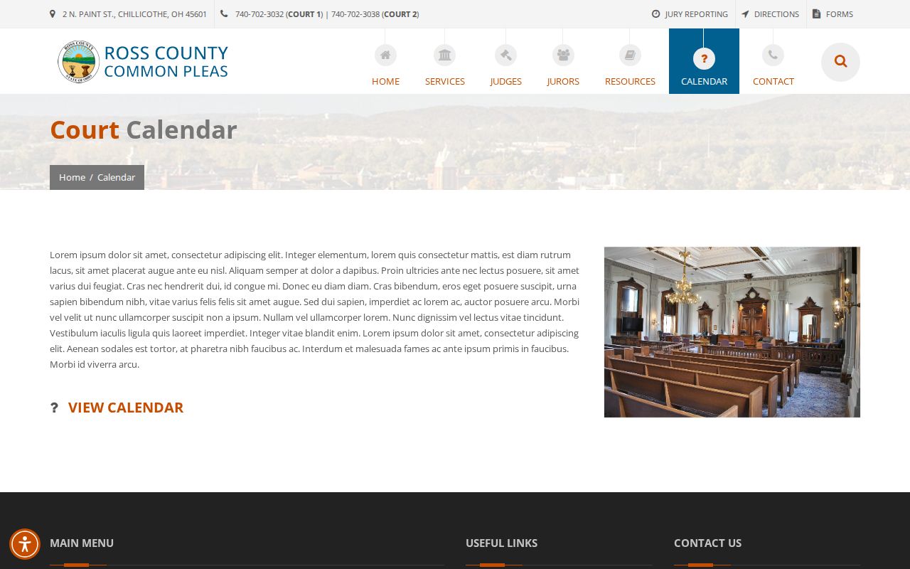 Ross County court calendar source showing the Common Pleas calendar link
