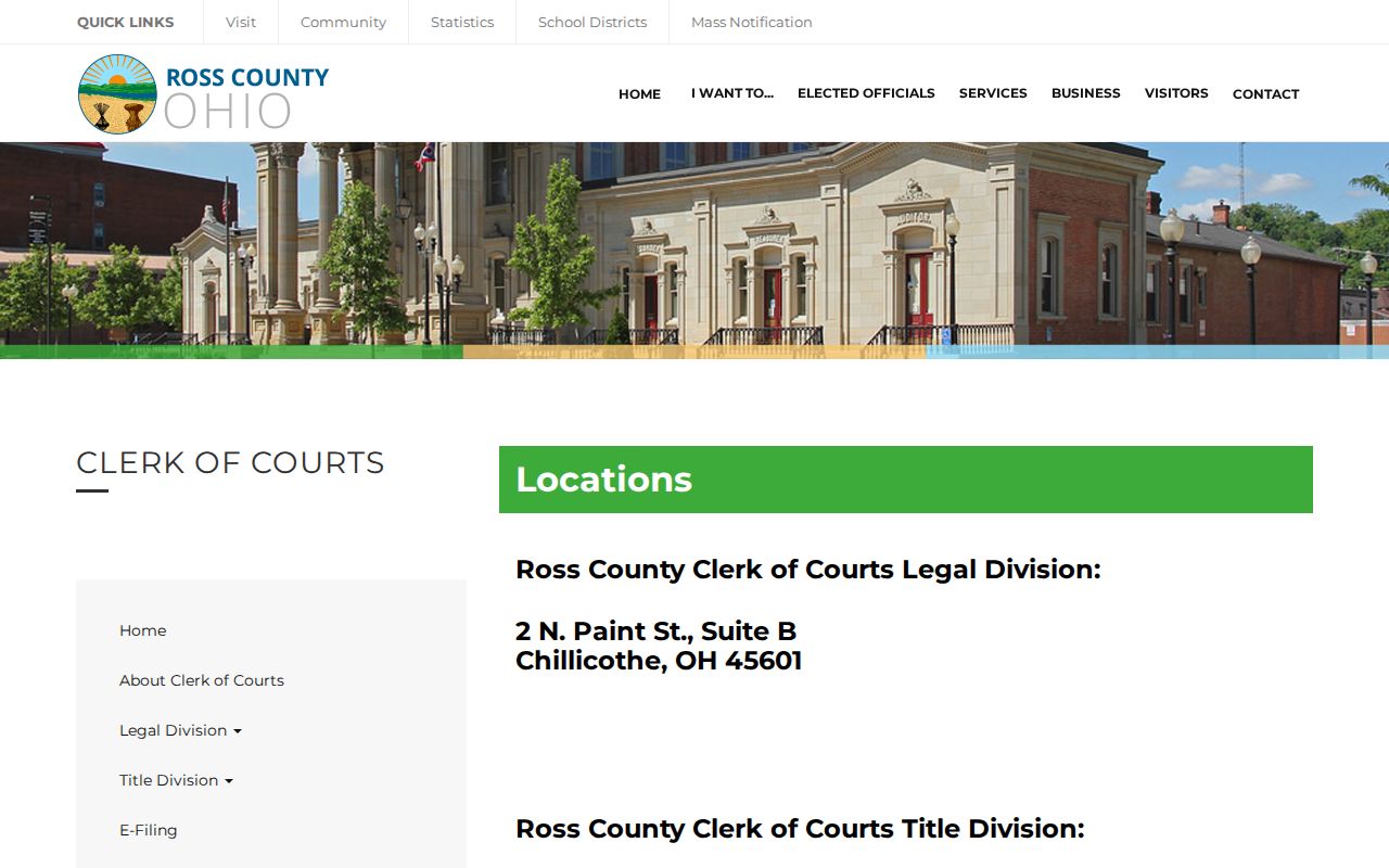 Ross County court calendar source for Clerk Legal Division location