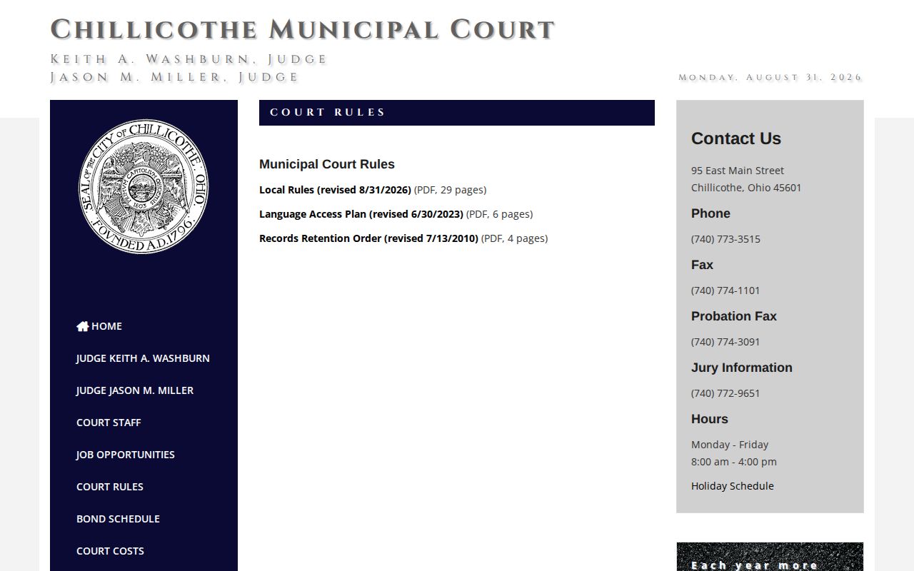 Ross County court calendar source for Chillicothe Municipal Court local rules