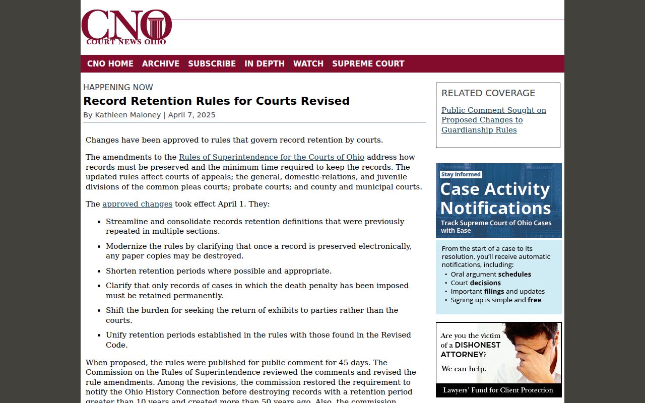 Ross County court calendar source showing Ohio court record retention update