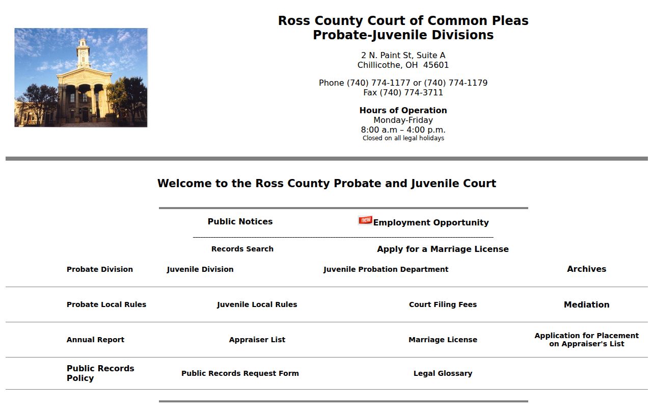 Ross County court records source for Probate Juvenile division contact