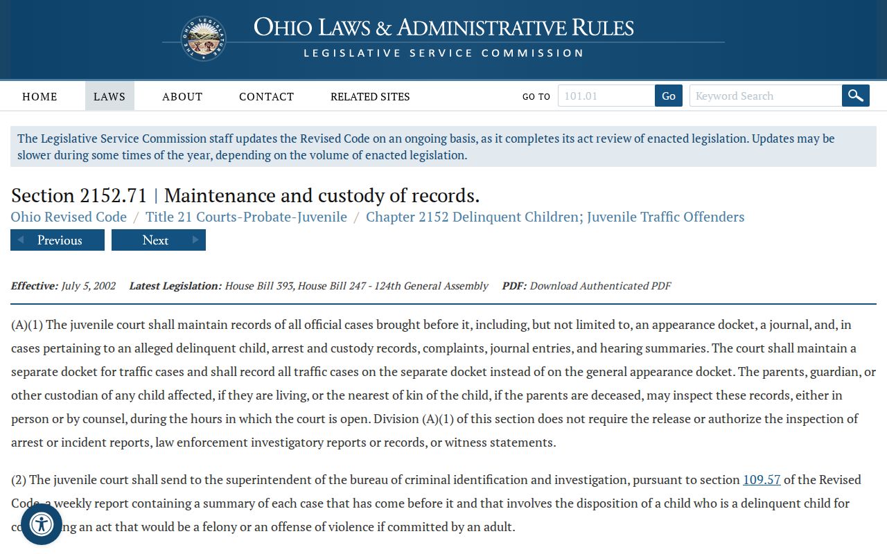 Ross County court records source for Ohio juvenile records law