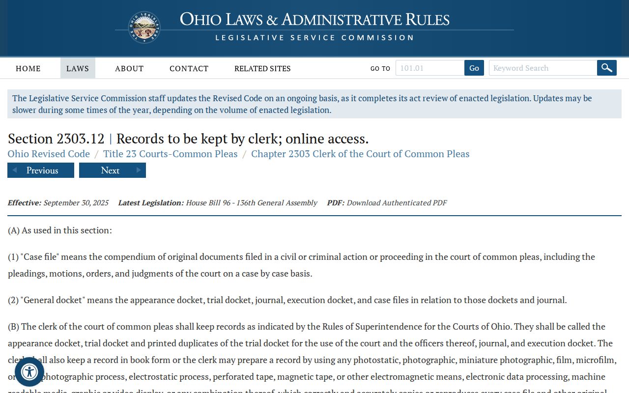 Ross County criminal docket source for Common Pleas clerk records
