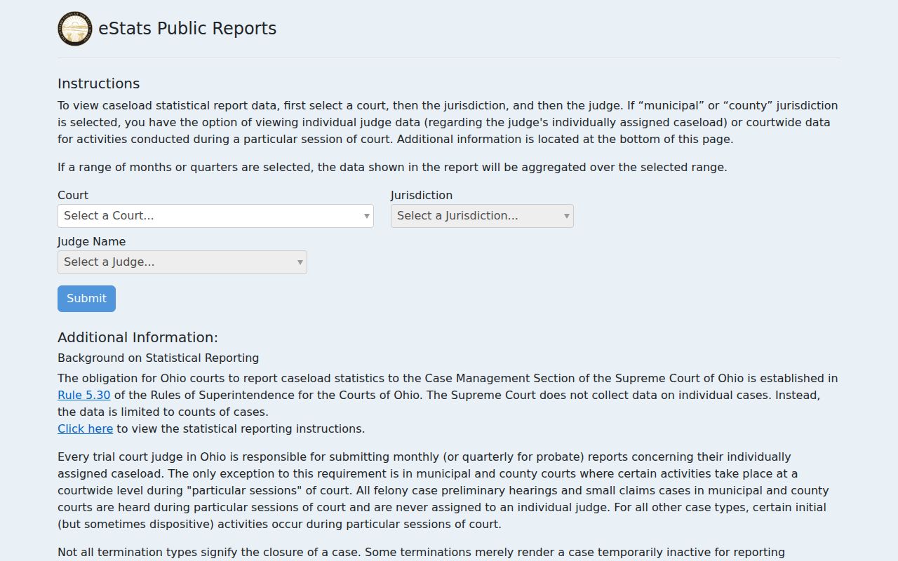 Ross County court docket source for official eStats caseload reporting