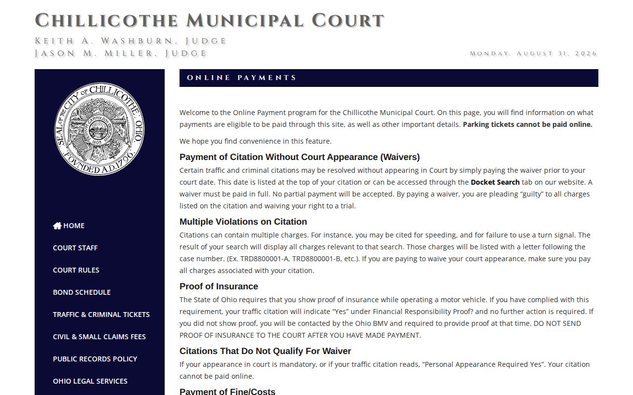 Ross County traffic court record source showing citation payment eligibility