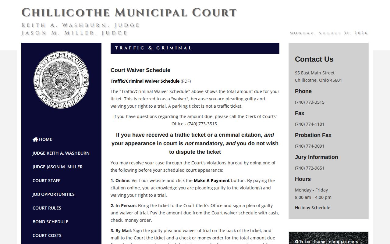 Ross County traffic court record source for traffic waiver instructions
